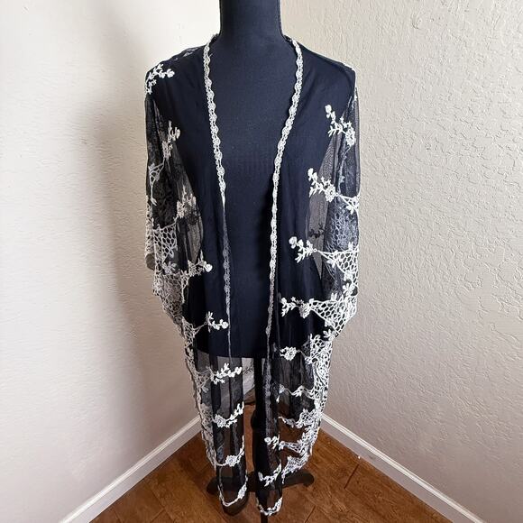 Black Sheer Lace Kimono Cardigan Embroidered Floral Open Front Long Duster - Picture 1 of 6